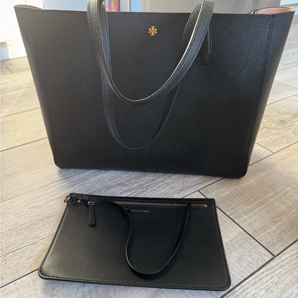 Tory Burch Black Leather Tote with Pouch